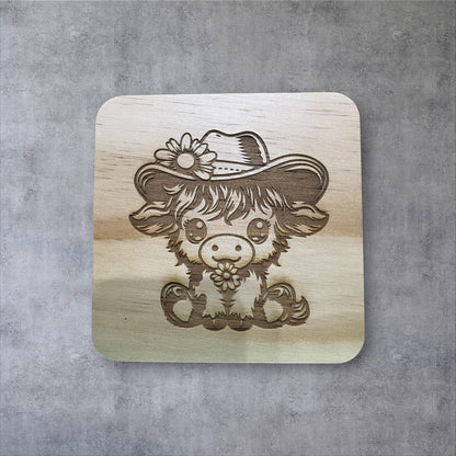 Cowboy & Cowgirl Highland Cow Coasters – Set of 4