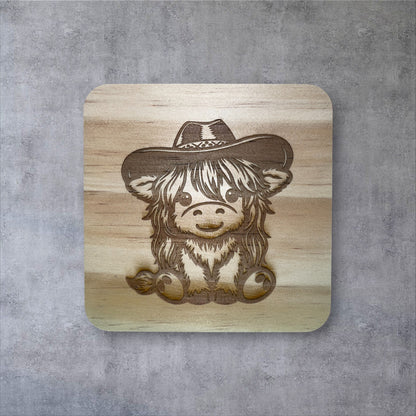 Cowboy & Cowgirl Highland Cow Coasters – Set of 4