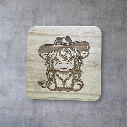 Cowboy & Cowgirl Highland Cow Coasters – Set of 4