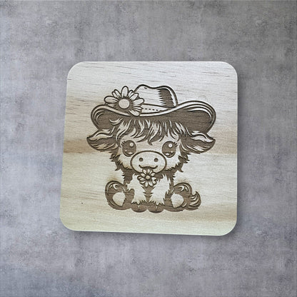Cowboy & Cowgirl Highland Cow Coasters – Set of 4