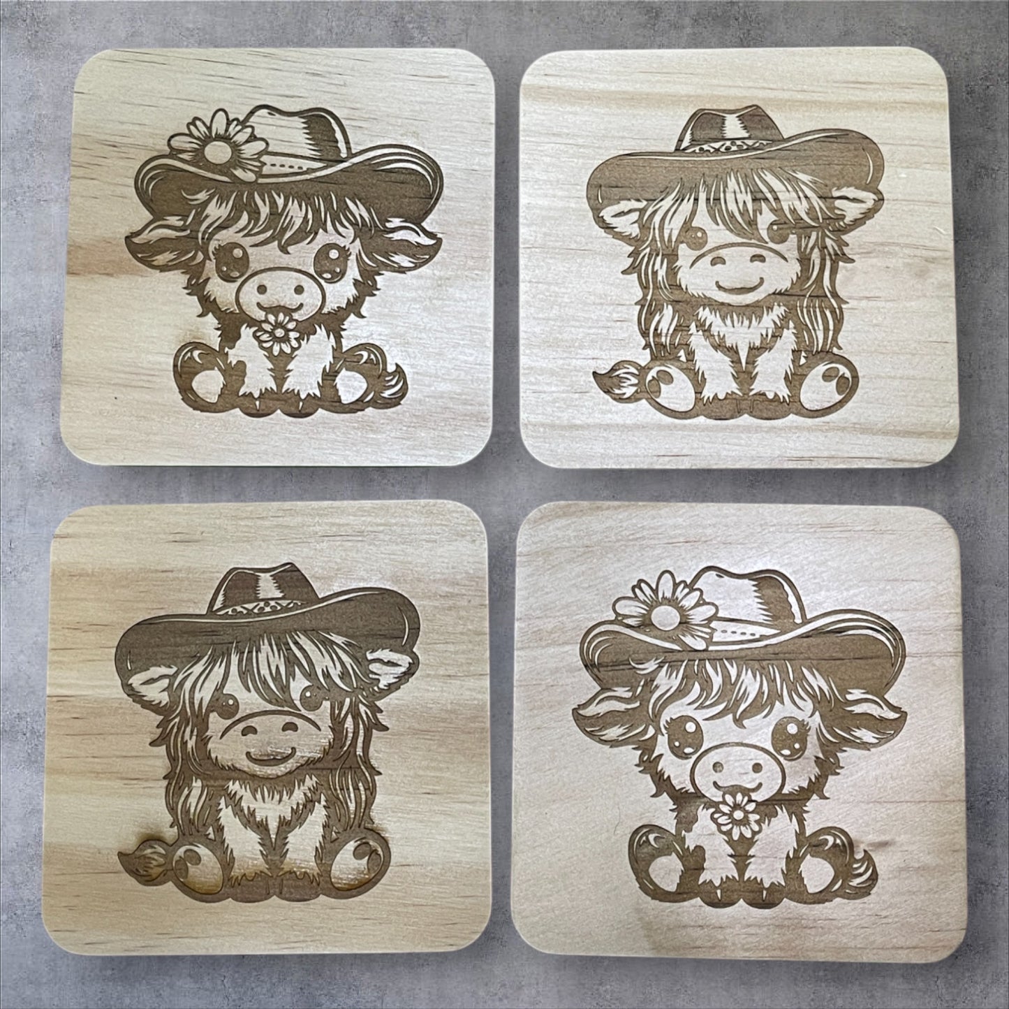 Cowboy & Cowgirl Highland Cow Coasters – Set of 4