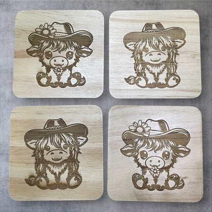 Cowboy & Cowgirl Highland Cow Coasters – Set of 4