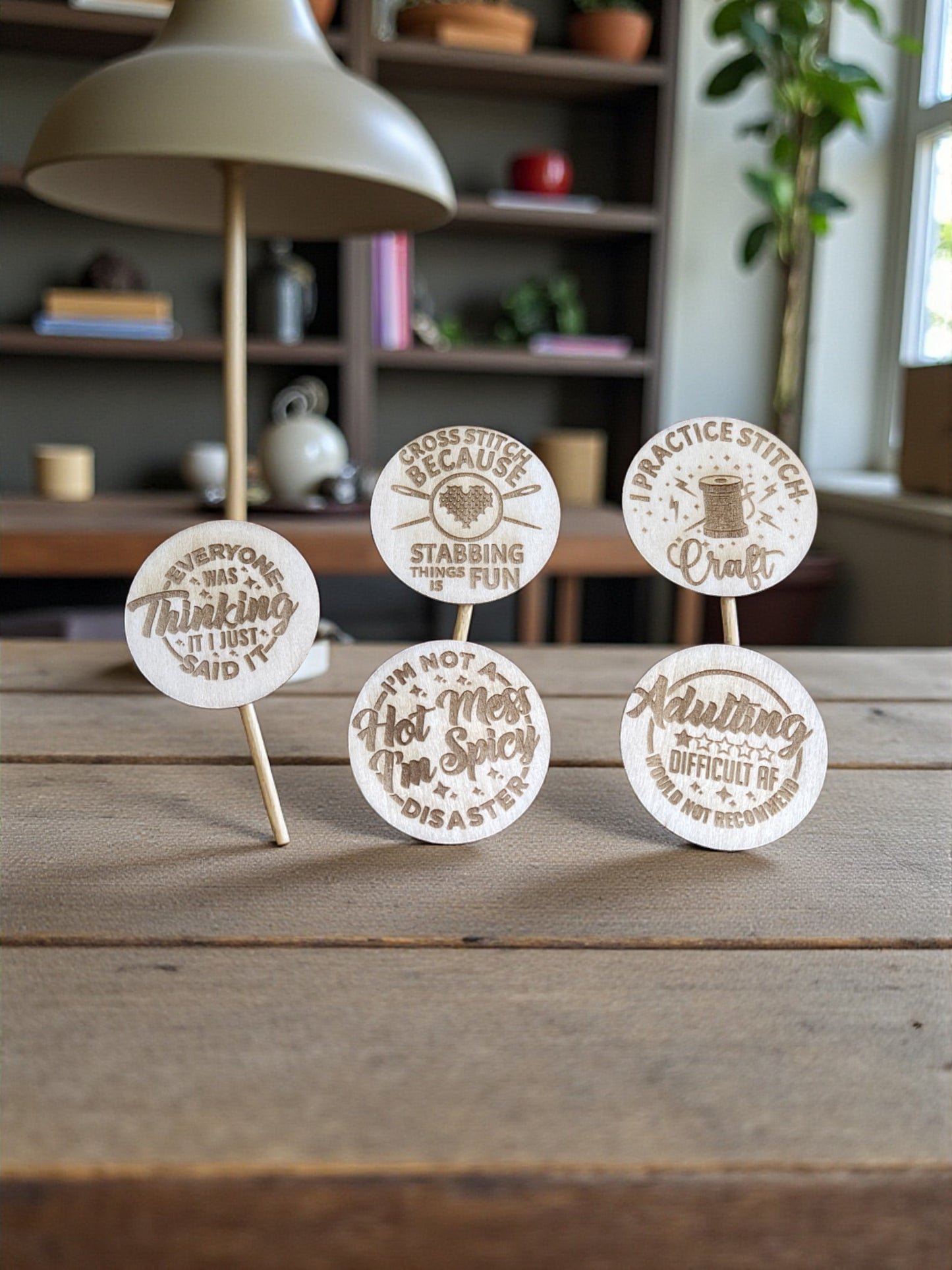 Funny Stitchy Wooden Needle Minders (Set of 5) – Laser Engraved Needle Minder Set