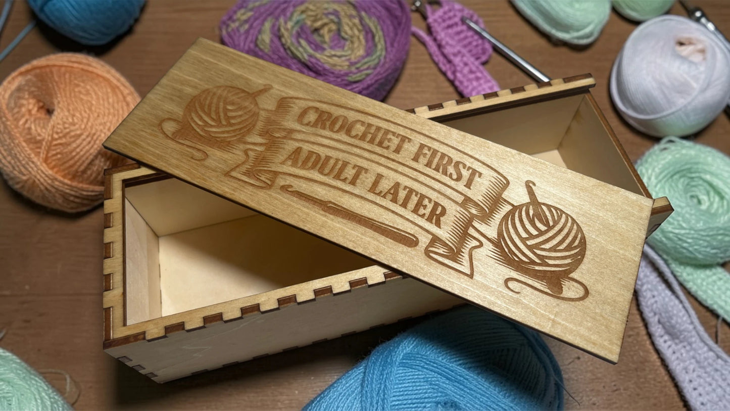 Laser Engraved Crochet Hook Storage Box – Sliding Lid Wooden Crochet Organizer – Crochet Hook Case – Gift for Crocheters