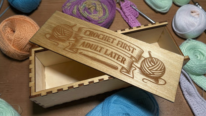 Laser Engraved Crochet Hook Storage Box – Sliding Lid Wooden Crochet Organizer – Crochet Hook Case – Gift for Crocheters