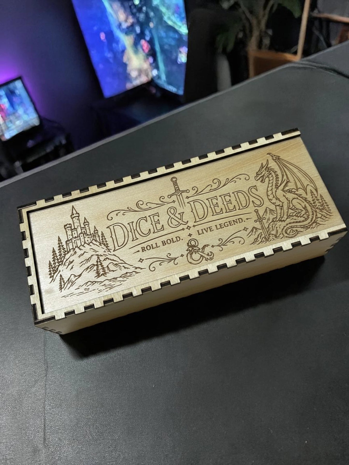 Laser Engraved Dice Box – DnD Storage Box – Sliding Lid Wooden Dice Case – EDC Pocket Dump Box – Tabletop RPG Gift