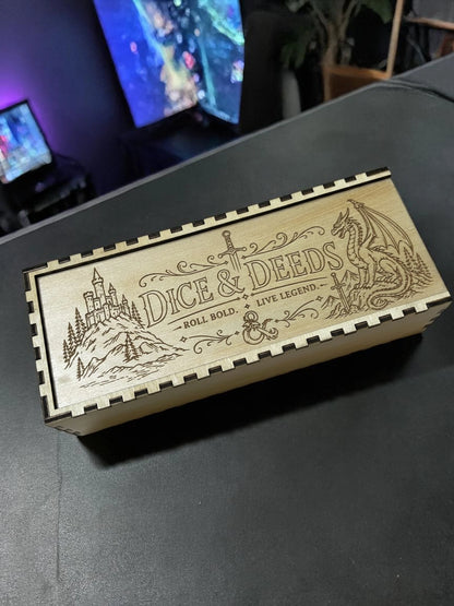 Laser Engraved Dice Box – DnD Storage Box – Sliding Lid Wooden Dice Case – EDC Pocket Dump Box – Tabletop RPG Gift