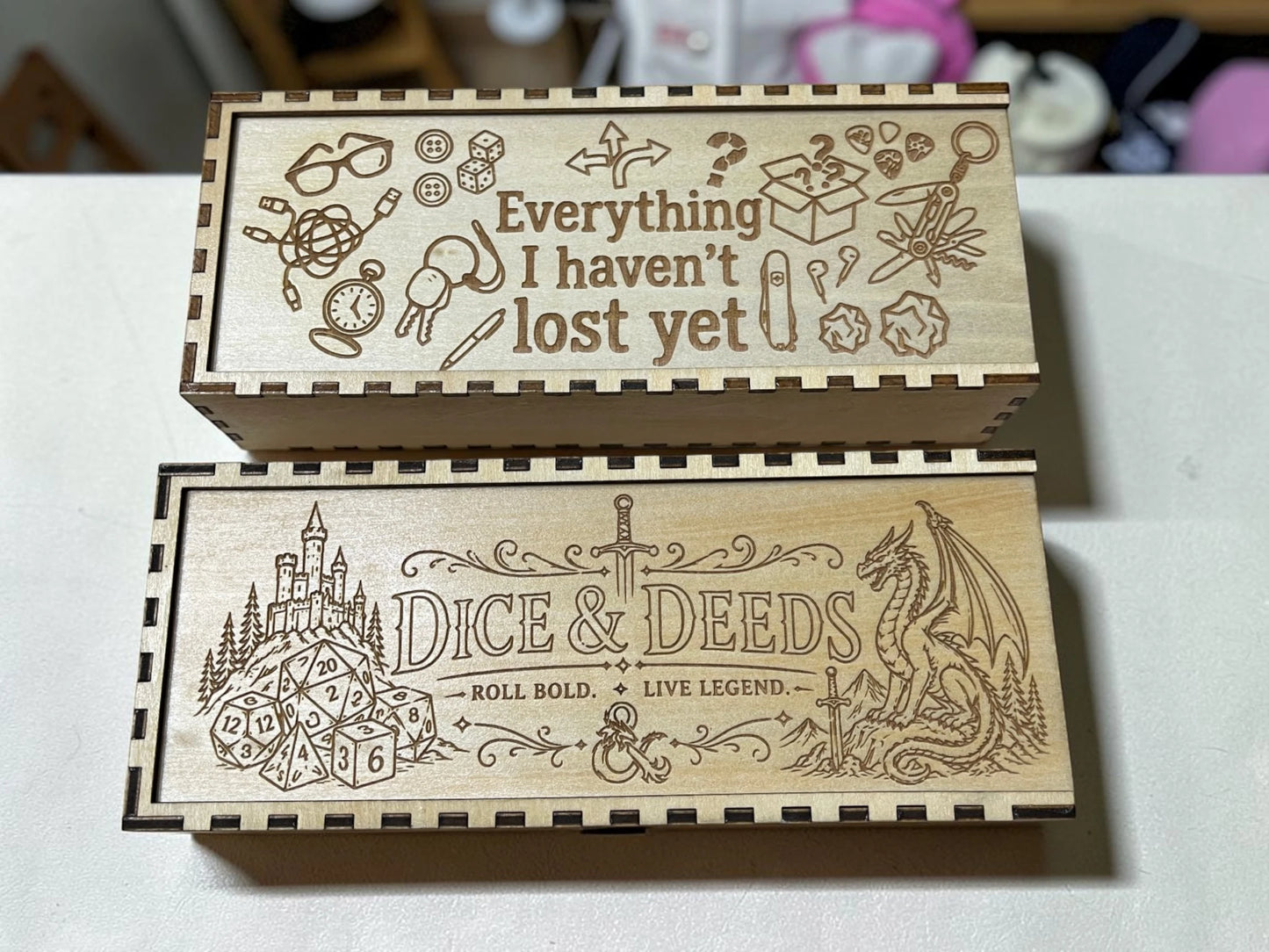 Laser Engraved Dice Box – DnD Storage Box – Sliding Lid Wooden Dice Case – EDC Pocket Dump Box – Tabletop RPG Gift