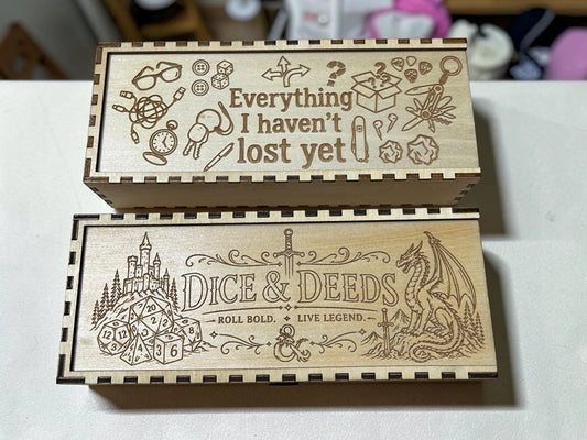 Laser Engraved Dice Box – DnD Storage Box – Sliding Lid Wooden Dice Case – EDC Pocket Dump Box – Tabletop RPG Gift