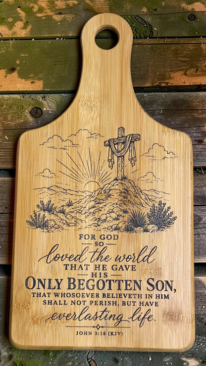 Christian Engraved Bamboo Cutting Board – Bible Verse Kitchen Décor | John 3:16, John 14:6 & Joshua 24:15