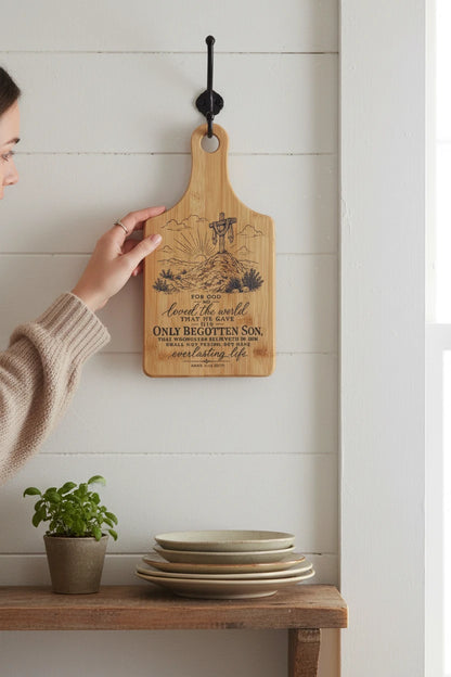 Christian Engraved Bamboo Cutting Board – Bible Verse Kitchen Décor | John 3:16, John 14:6 & Joshua 24:15