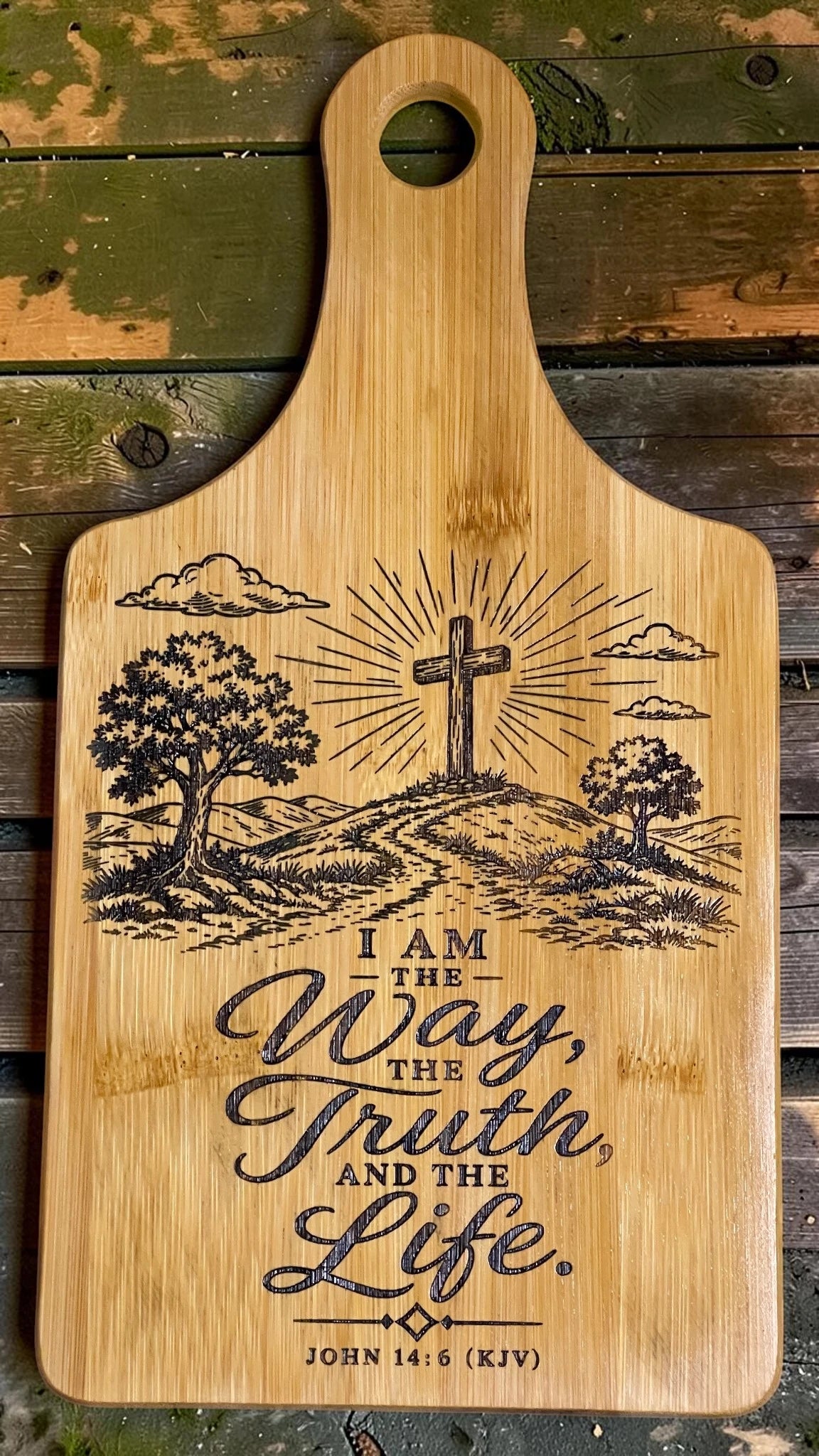 Christian Engraved Bamboo Cutting Board – Bible Verse Kitchen Décor | John 3:16, John 14:6 & Joshua 24:15