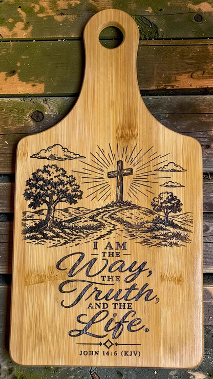 Christian Engraved Bamboo Cutting Board – Bible Verse Kitchen Décor | John 3:16, John 14:6 & Joshua 24:15