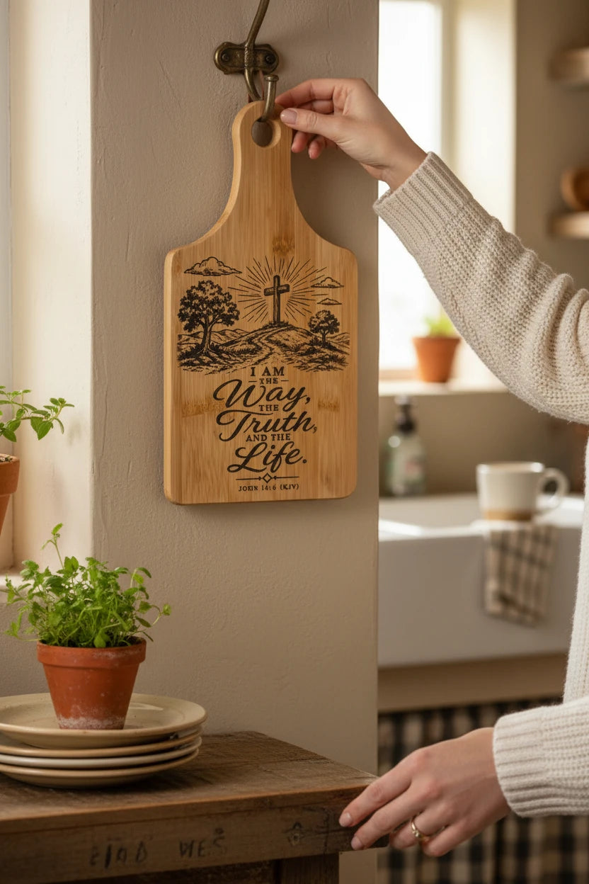 Christian Engraved Bamboo Cutting Board – Bible Verse Kitchen Décor | John 3:16, John 14:6 & Joshua 24:15