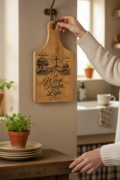 Christian Engraved Bamboo Cutting Board – Bible Verse Kitchen Décor | John 3:16, John 14:6 & Joshua 24:15