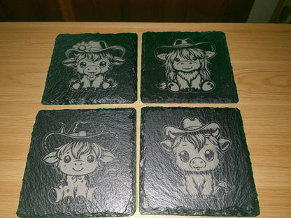 Cowboy Highland Cow Slate Coaster Set – Rustic Western Charm for Your Home