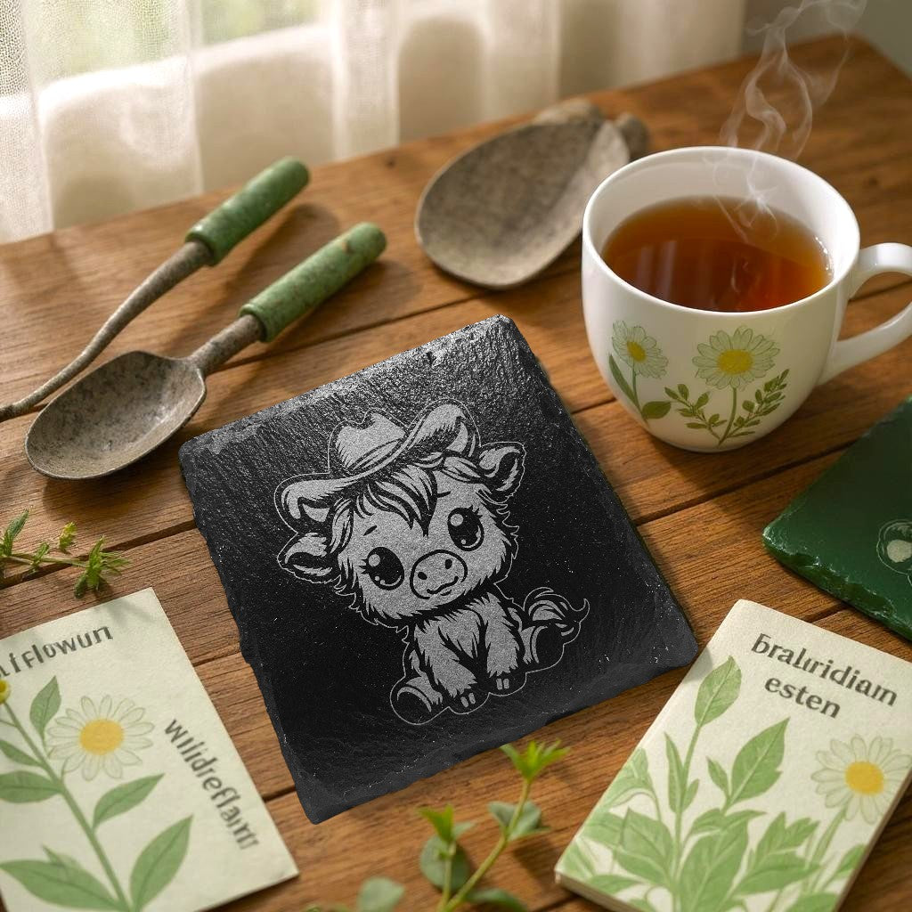 Cowboy Highland Cow Slate Coaster Set – Rustic Western Charm for Your Home