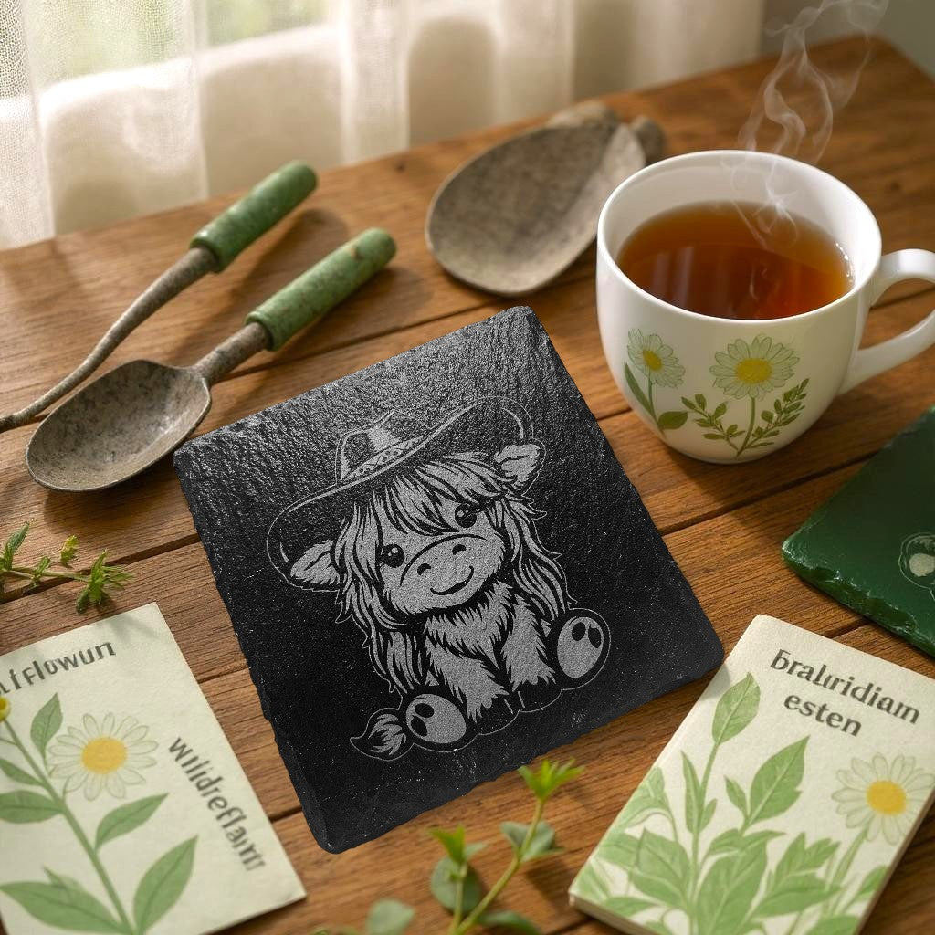 Cowboy Highland Cow Slate Coaster Set – Rustic Western Charm for Your Home