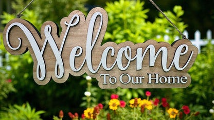 Wooden 'Welcome To Our Home' sign hanging in a garden with flowers and greenery.